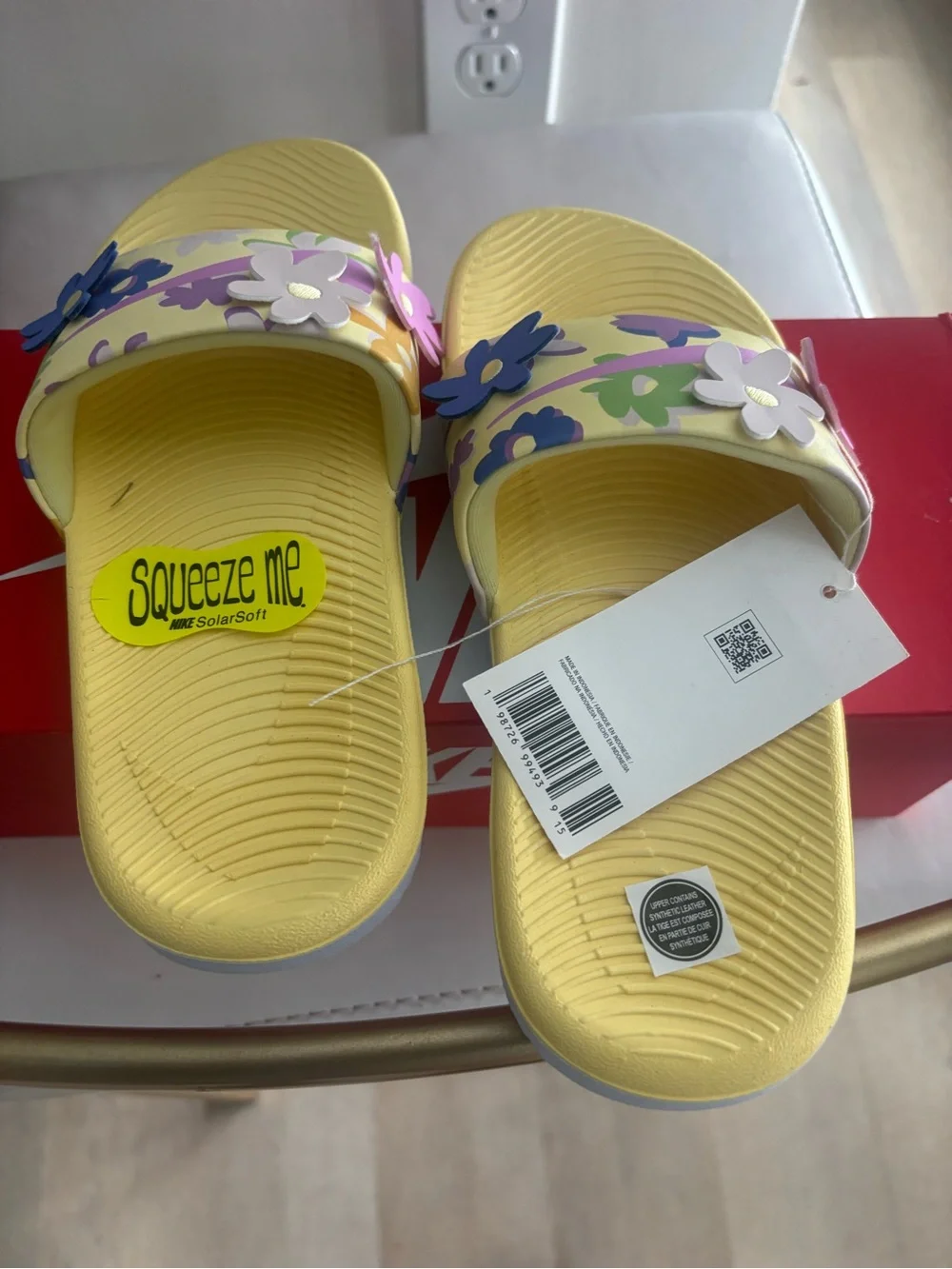 Nike Kids Yellow Floral Slide Sandals with Multicolor Flower Accents